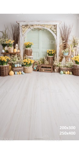 Tło fotograficzne „Wiosenne żółte narcyzy i miętowe shuttersy w rustykalnej aranżacji” | E670